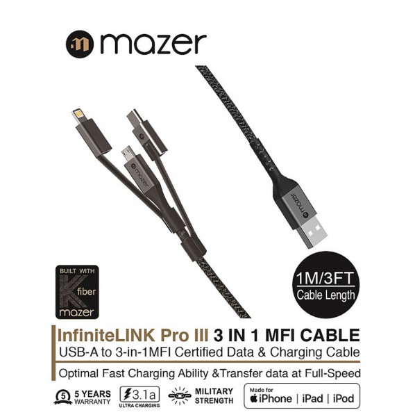 Dây Cáp Mazer Power Link II 3 in 1 USB Fast Charging (1M)