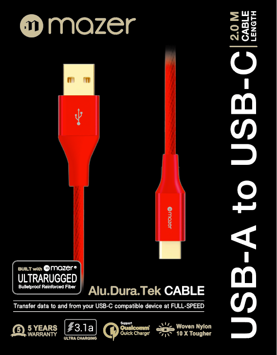 Dây Cáp Mazer ALU.DURA.TEK USB-A to USB-C Cable 3.1A (2m)