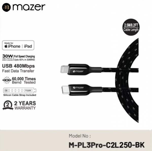 Dây Cáp Mazer Infinite.LINK 3 Pro Cable MFI Lightning to USB-C (2.5m)