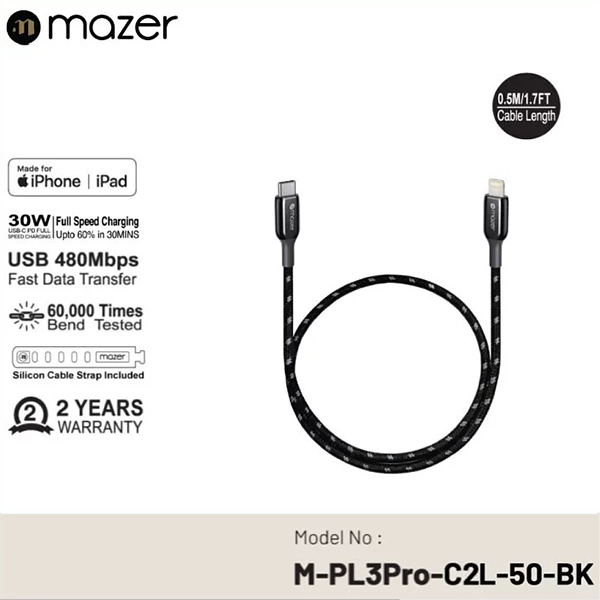 Dây Cáp Mazer Infinite.LINK Pro 3 Mfi certified USB-C to Lightning 0.5m